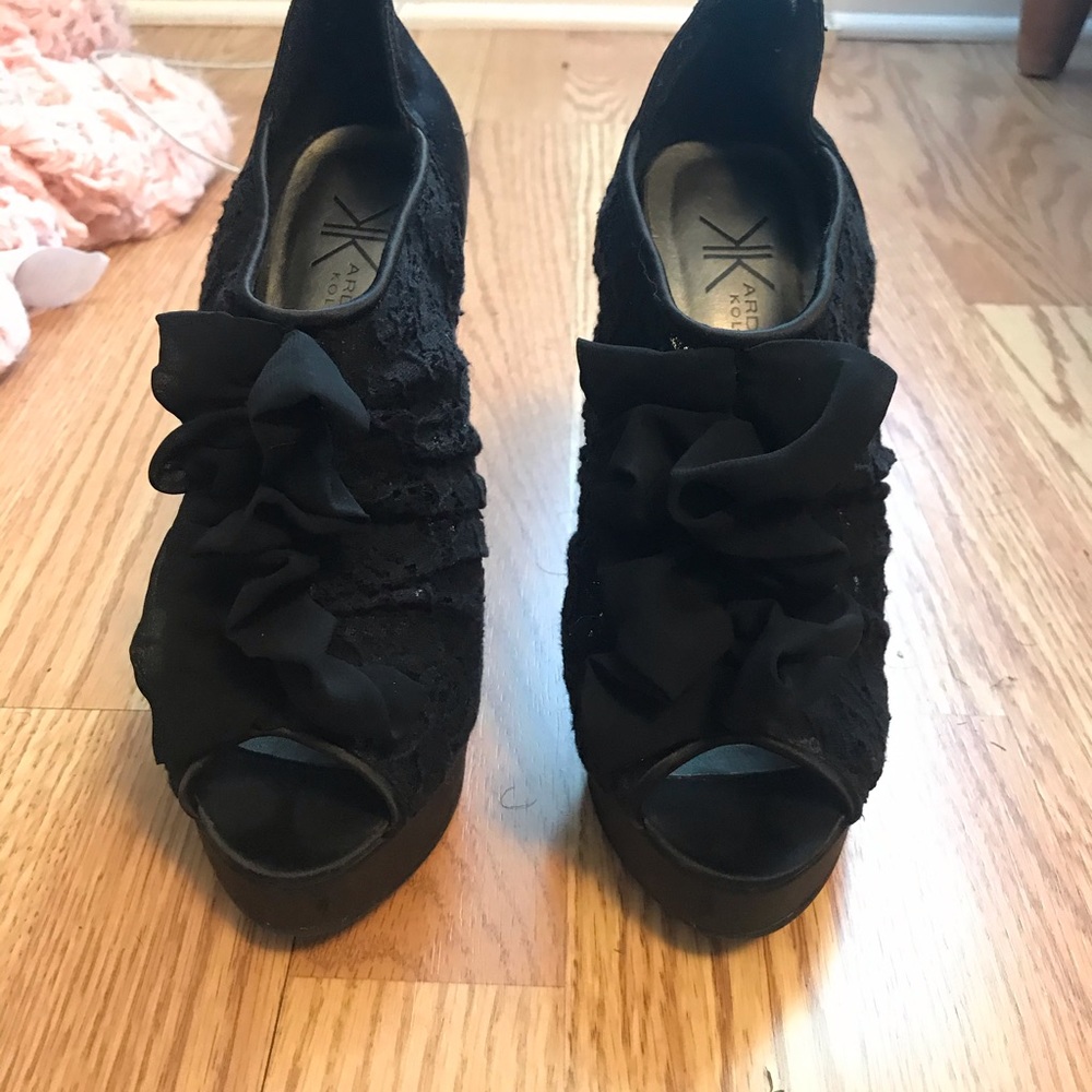 Kardashian Kollection Black Lace Peep Toe Heels